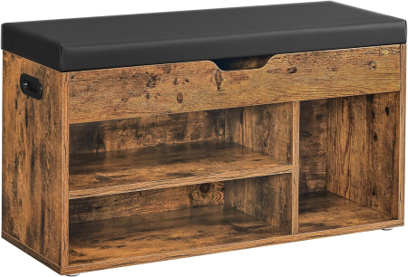 VASAGLE Pantofar cu banca, capitonata, 3 compartimente, sarcina 150 kg, 30x80x44cm, vintage, maro inchis [3]