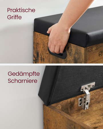 VASAGLE Pantofar cu banca, capitonata, 3 compartimente, sarcina 150 kg, 30x80x44cm, vintage, maro inchis [9]