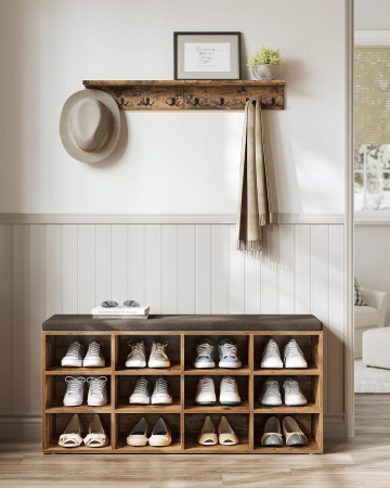 VASAGLE Pantofar cu banca cu 12 compartimente si perna, sarcina 136 kg, 104x30x48 cm, maro rustic [6]