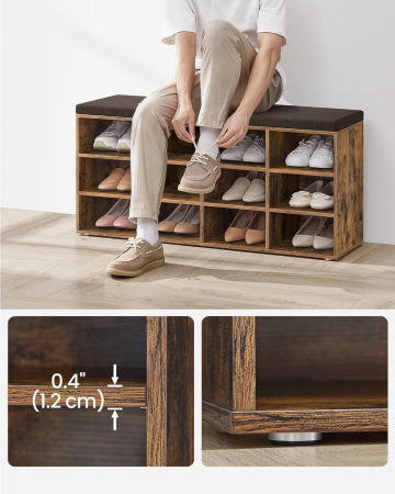 VASAGLE Pantofar cu banca cu 12 compartimente si perna, sarcina 136 kg, 104x30x48 cm, maro rustic [3]