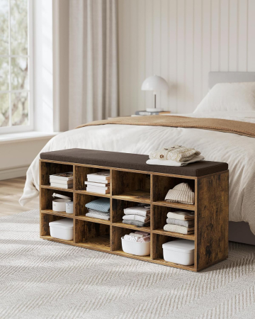 VASAGLE Pantofar cu banca cu 12 compartimente si perna, sarcina 136 kg, 104x30x48 cm, maro rustic [4]