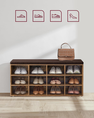 VASAGLE Pantofar cu banca cu 12 compartimente si perna, sarcina 136 kg, 104x30x48 cm, maro rustic [5]