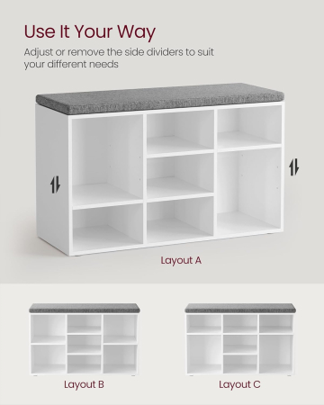 Pantofar cu banca cu 9 compartimente si perna, sarcina 136 kg, 79x30x48 cm, alb [3]