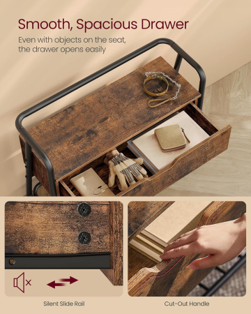 VASAGLE Pantofar cu banca de depozitare, raft si sertar, stil industrial, 30x80x64 cm, maro rustic [6]