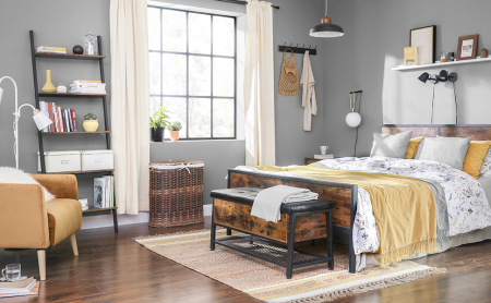 VASAGLE Pantofar de lemn cu spatiu de depozitare tip banca, cu sezut captusit si polita depozitare, stil industrial, 100x40x47cm, maro rustic si negru [12]