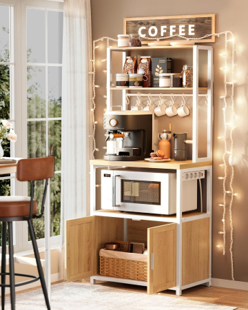 Raft bucatarie cu 4 prize, blat de lucru 90 cm, raft microunde, dulap si carlige, 40x60x170 cm, alb si stejar [1]