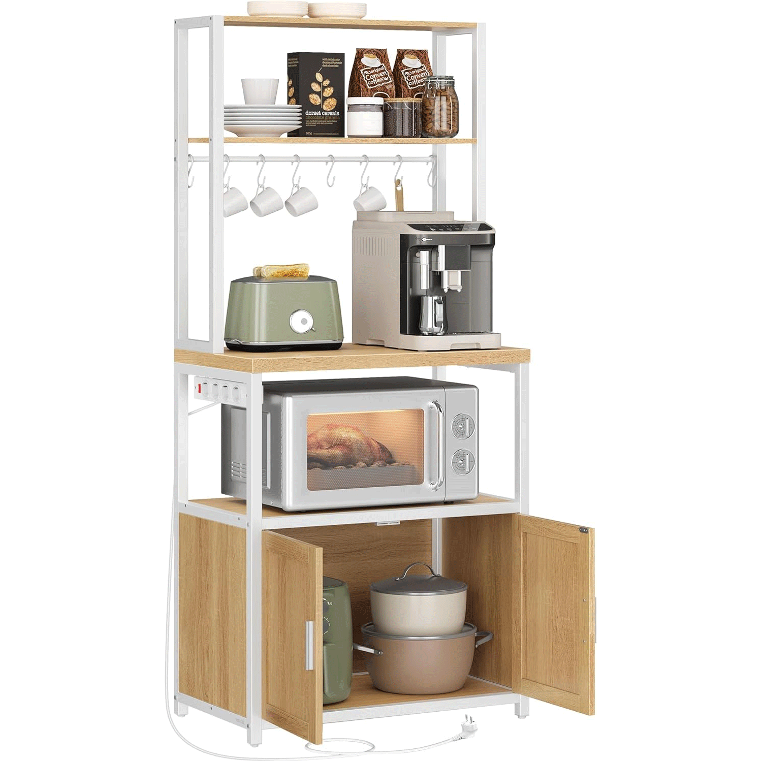 Mobilier bucatarie - Raft bucatarie cu 4 prize, blat de lucru 90 cm, raft microunde, dulap si carlige, 40x60x170 cm, alb si stejar