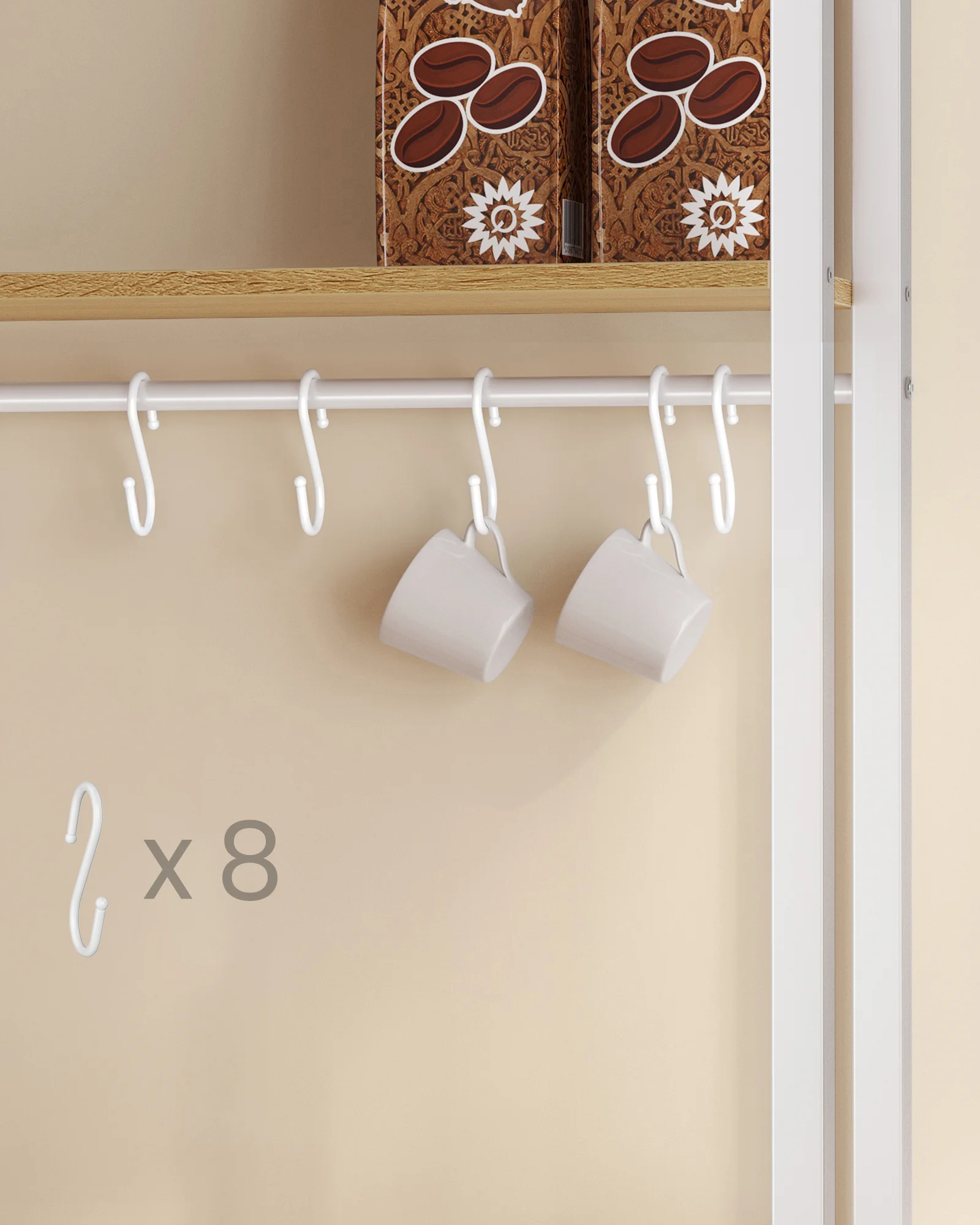 Raft bucatarie cu 4 prize, blat de lucru 90 cm, raft microunde, dulap si carlige, 40x60x170 cm, alb si stejar [7]