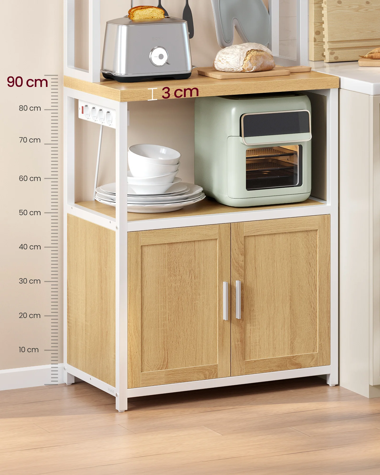 Raft bucatarie cu 4 prize, blat de lucru 90 cm, raft microunde, dulap si carlige, 40x60x170 cm, alb si stejar [4]