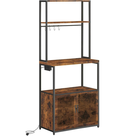 Mobilier bucatarie - VASAGLE Raft bucatarie cu 4 prize, blat de lucru 90 cm, raft microunde, dulap si carlige, 40x60x170 cm, maro rustic