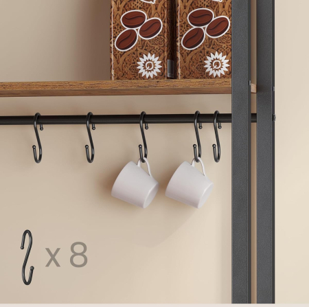 VASAGLE Raft bucatarie cu 4 prize, blat de lucru 90 cm, raft microunde, dulap si carlige, 40x60x170 cm, maro rustic [5]