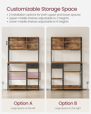Raft bucatarie cu polite reglabile si sertar, 4 prize integrate, cadru metalic, stil industrial, 110x41x180 cm, maro rustic [5]
