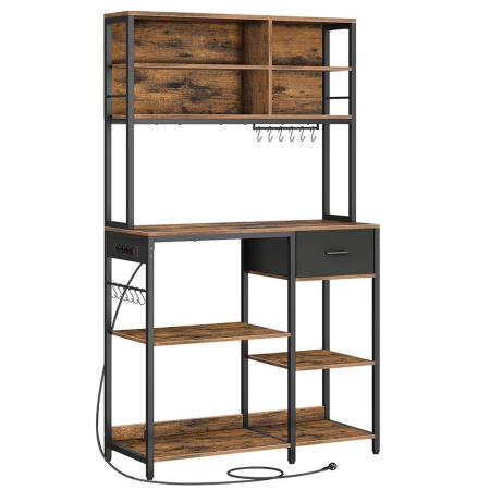 Bucatarie - Raft bucatarie cu polite reglabile si sertar, 4 prize integrate, cadru metalic, stil industrial, 110x41x180 cm, maro rustic