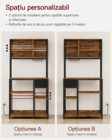 Raft bucatarie cu sertar si 12 carlige, 4 rafturi reglabile, 4 prize incorporate, stil industrial, 80x40x180 cm, maro rustic [5]