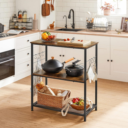 Raft bucatarie multifunctional, cadru metalic, 3 polite, stil industrial, 80x40x90 cm, maro rustic [5]
