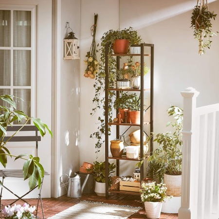 Raft cu 5 etaje, tip biblioteca, cadru metal si polite lemn, 40x30x153cm, industrial, maro rustic si negru [6]