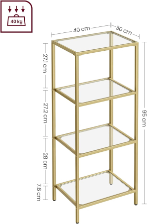 Raft cu trepte pentru dormitor, 4 etaje, din sticla securizata, cadru din otel, 30x95x40cm, auriu [2]