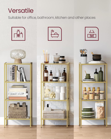 Raft cu trepte pentru dormitor, 4 etaje, din sticla securizata, cadru din otel, 30x95x40cm, auriu [5]