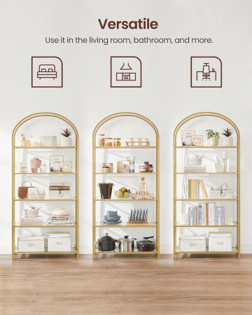 VASAGLE Raft cu trepte pentru dormitor, 5 etaje, din sticla securizata, cadru din otel cu arcada, 83x30x184cm, auriu [8]