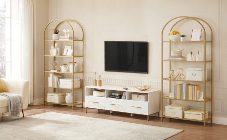 VASAGLE Raft cu trepte pentru dormitor, 5 etaje, din sticla securizata, cadru din otel cu arcada, 83x30x184cm, auriu [1]