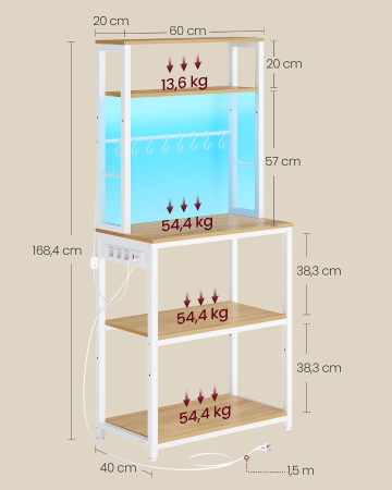 Raft de bucatarie cu iluminare LED in 25 de culori si 3 moduri dinamice, 3 prize AC si porturi USB pentru electrocasnice, rafturi reglabile, 8 [1]