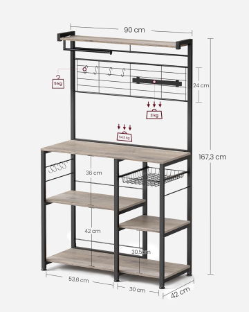 Raft de bucatarie cu spatiu pentru cuptorul cu microunde, banda magnetica cutite, suport role de bucatarie, 42x90x167cm, gri [1]