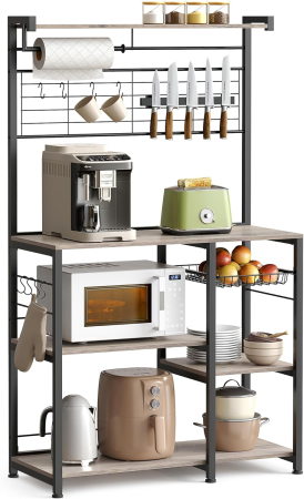 Raft de bucatarie cu spatiu pentru cuptorul cu microunde, banda magnetica cutite, suport role de bucatarie, 42x90x167cm, gri [2]