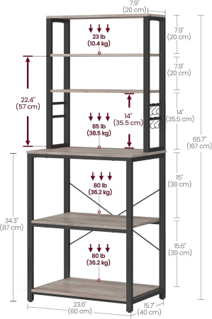 VASAGLE Raft de bucatarie, spatiu cuptor cu microunde, 6 rafturi, 40x60x167cm, gri si negru [5]