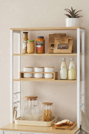 Raft de bucatarie, spatiu cuptor cu microunde, 6 rafturi, 40x60x167cm, stejar auriu si alb [7]