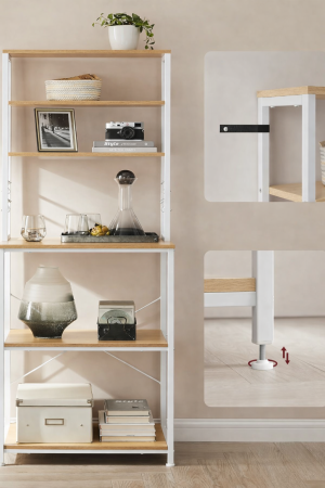 Raft de bucatarie, spatiu cuptor cu microunde, 6 rafturi, 40x60x167cm, stejar auriu si alb [2]