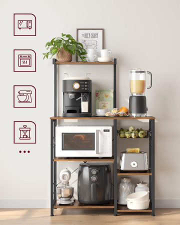 VASAGLE Raft de bucatarie, suport pentru cuptorul cu microunde, cos de sarma, 6 carlige S, 39x90x132cm, maro rustic [5]