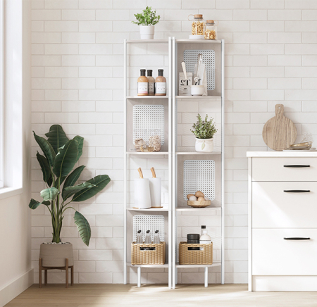 VASAGLE Raft de colt boho, cadru metalic, polite MDF si panouri poliratan, 32x32x156cm, alb [7]