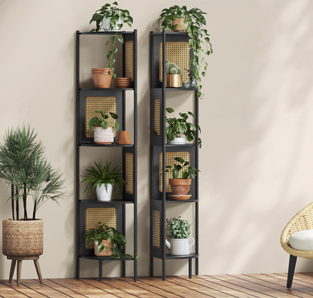 VASAGLE Raft de colt boho, cadru metalic, polite MDF si panouri poliratan, 32x32x156cm, negru [8]