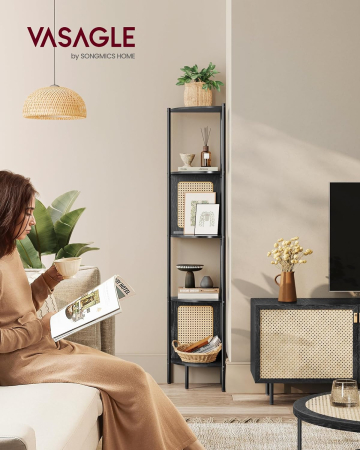 VASAGLE Raft de colt boho, cadru metalic, polite MDF si panouri poliratan, 32x32x156cm, negru [1]