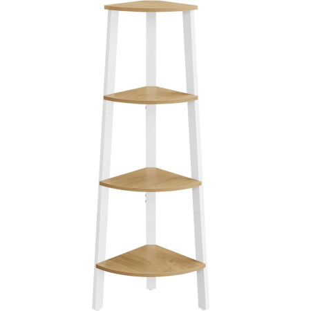 Mobilier pentru baie - Raft colt 4 etaje cu picior reglabil si anti-basculare, cadru metal si polite PAL stejar natural, 34x34x125 cm, alb si maro