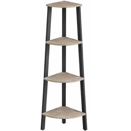 Raft de colt cu 4 etaje, tip biblioteca, cadru metal si polite lemn, 34x34x125 cm, gri stejar si negru