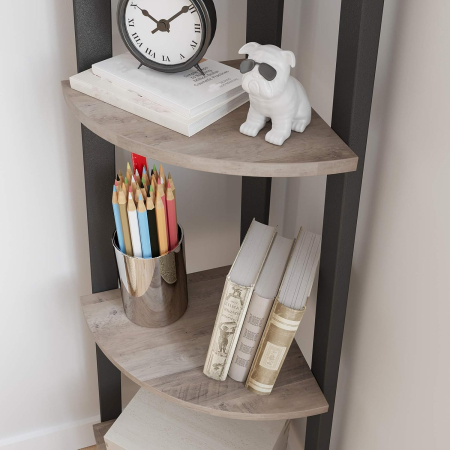 Raft de colt cu 4 etaje, tip biblioteca, cadru metal si polite lemn, 34x34x125 cm, gri stejar si negru [2]