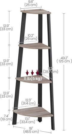 Raft de colt cu 4 etaje, tip biblioteca, cadru metal si polite lemn, 34x34x125 cm, gri stejar si negru [1]