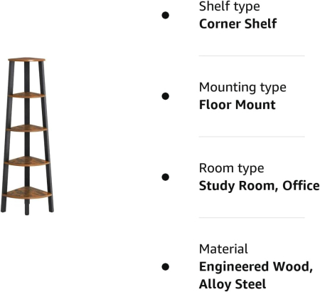 VASAGLE Raft de colt cu 5 etaje, tip biblioteca, cadru metal si polite lemn, 33x34x159cm, industrial, maro rustic si negru [4]