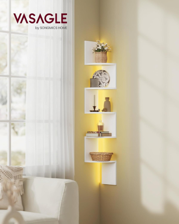 Raft de colt suspendat cu iluminare LED reglabila multicolor si intensitate, 5 polite tip zig-zag, 20x20x126 cm, alb [4]