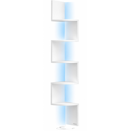 Mobila living - Raft de colt suspendat cu iluminare LED reglabila multicolor si intensitate, 5 polite tip zig-zag, 20x20x126 cm, alb