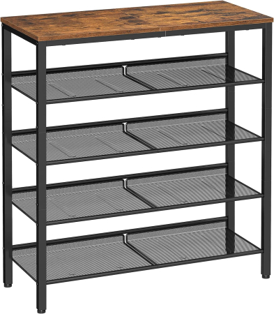 VASAGLE Raft de pantofi, 5 niveluri, rafturi reglabile din plasa, metal, stil industrial, 75x28x93cm, maro vintage negru [7]