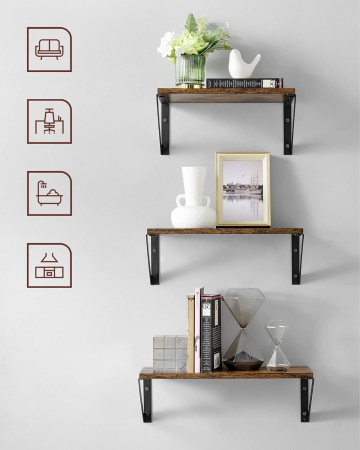 Raft de perete, set 3 bucati de 30, 35 si 40 cm, 2 moduri de montare, maro rustic si negru [2]