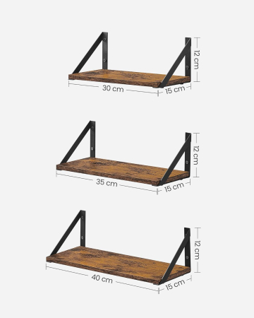 Raft de perete, set 3 bucati de 30, 35 si 40 cm, 2 moduri de montare, maro rustic si negru [7]
