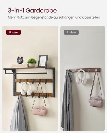 VASAGLE Raft de perete tip cuier, 10 carlige detasabile, sina pentru haine, 30x65x42cm, maro rustic si negru [10]