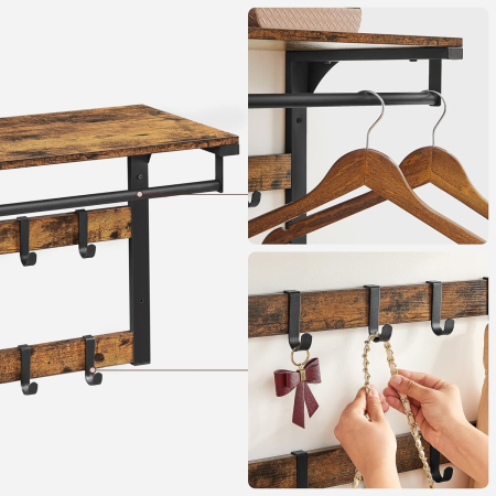 VASAGLE Raft de perete tip cuier, 10 carlige detasabile, sina pentru haine, 30x65x42cm, maro rustic si negru [3]