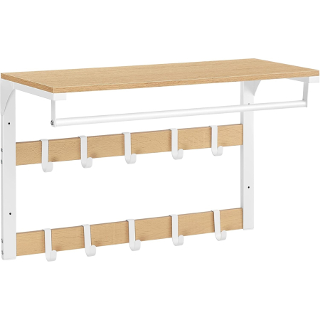 Mobila hol - Raft de perete tip cuier, 10 carlige detasabile, sina pentru haine, 30x65x42cm, stejar si alb