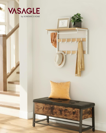 Raft de perete tip cuier, 10 carlige detasabile, sina pentru haine, 30x65x42cm, stejar si alb [4]