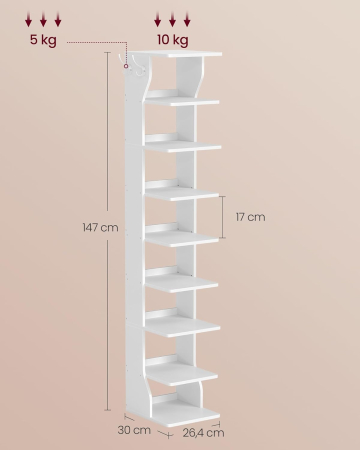 Raft pantofi pentru spatii inguste, 9 niveluri, cu carlige laterale, montaj pe podea, 26x30x147 cm, alb [2]