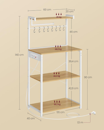 Raft pentru bucatarie cu 4 polite, suport microunde, priza incorporata, cadru metalic, 60x40x140 cm, stejar auriu si alb [1]